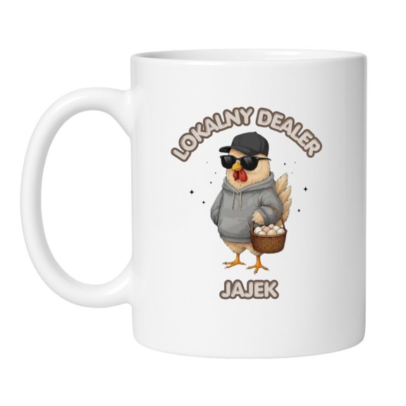 Śmieszny kubek wielkanocny z kurczakiem w bluzie i koszykiem jajek