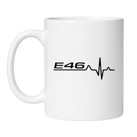 Śmieszny kubek biały 330 ml z grafiką E46 – gadżet dla kierowców